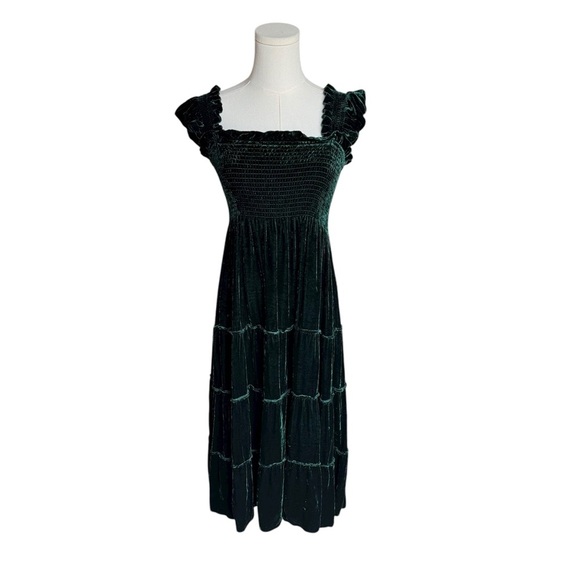 Hill House Home - Velvet Nap Dress Ellie Green Smocked Tiered Midi Sz XS - Picture 7 of 7